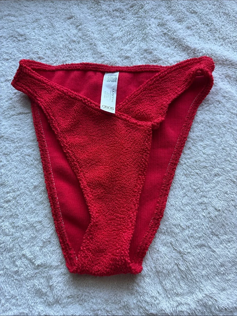 ASOS Design Women's High Leg Textured Bikini Bottoms RED Stretch V-Cut ONE SIZE